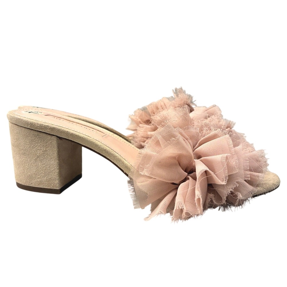 Avec Les Filles Ruffle Mules Shoes Womens 7.5 Pink Suede Block Heel Slide Sandal
